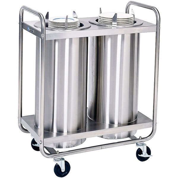 A Lakeside stainless steel cart with two metal plate dispensers.
