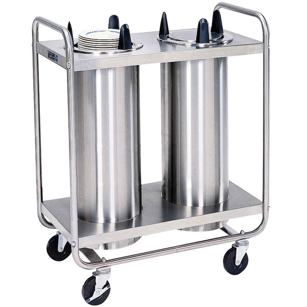 A Lakeside stainless steel two stack plate dispenser cart with two silver cylinders.