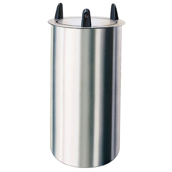 A Lakeside stainless steel drop-in dish dispenser with black handles.