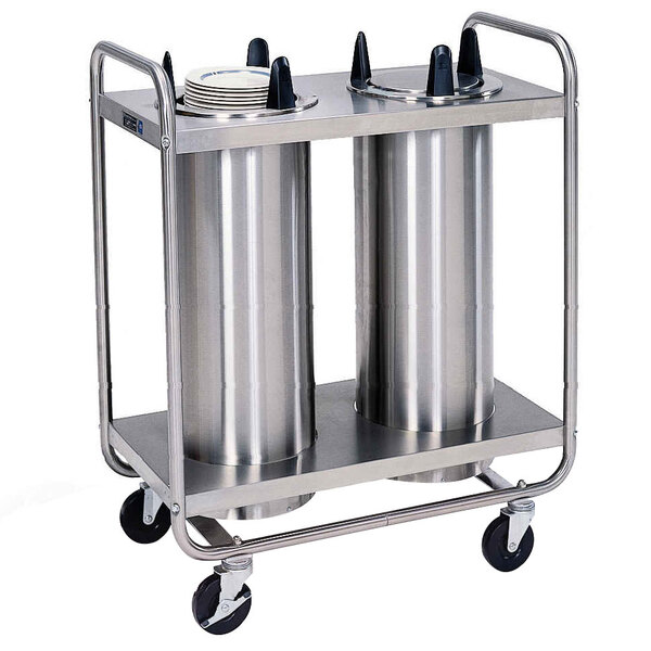 A Lakeside stainless steel two stack plate dispenser cart with two metal cylinders.