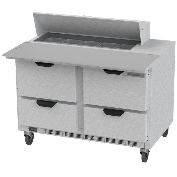 A white commercial Beverage-Air sandwich prep table with four drawers.