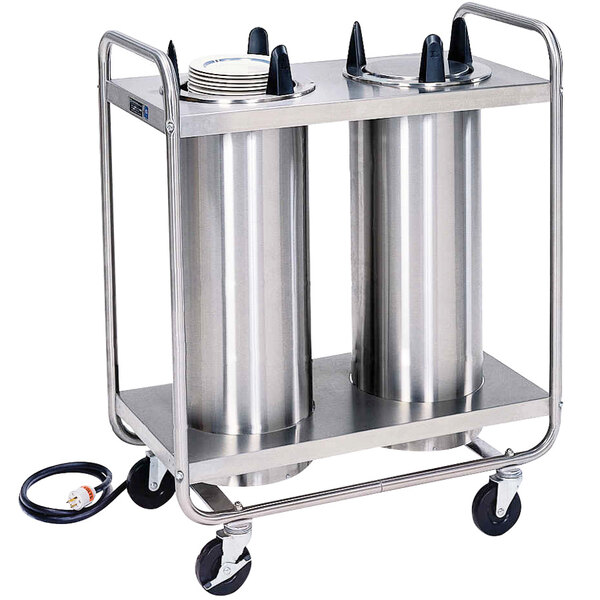 A Lakeside stainless steel cart with two heated stack plate dispensers.