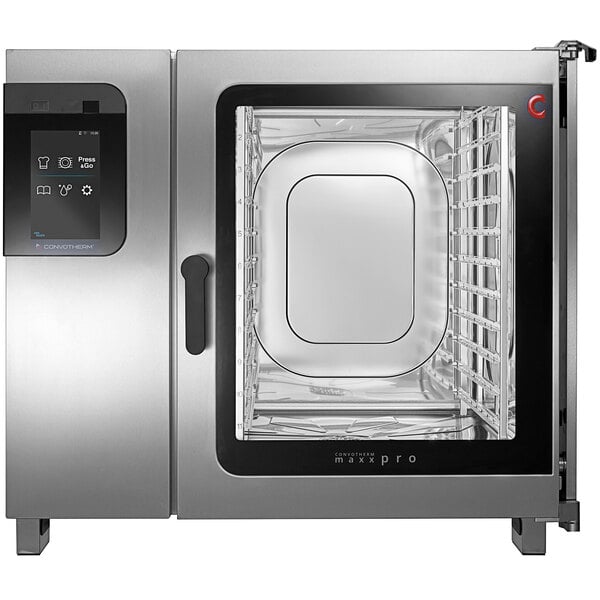 A stainless steel Convotherm Maxx Pro electric combi oven with a tray inside.