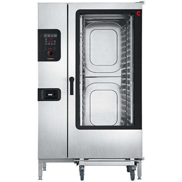 A large stainless steel Convotherm roll-in electric combi oven with two doors.