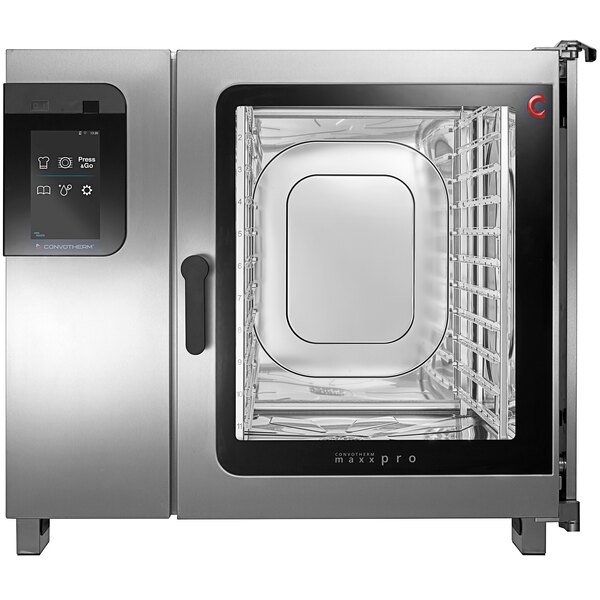 A stainless steel Convotherm Maxx Pro combi oven with a tray inside.