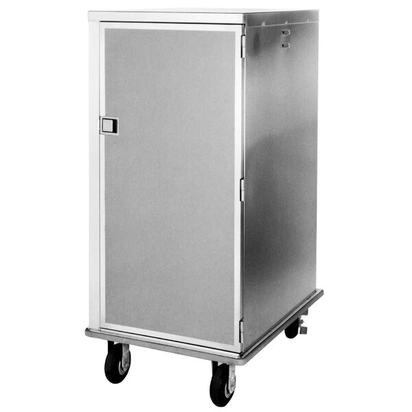 A stainless steel Lakeside tray cart with wheels.