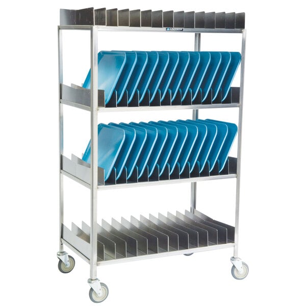 A metal rack with Lakeside stainless steel trays on it.