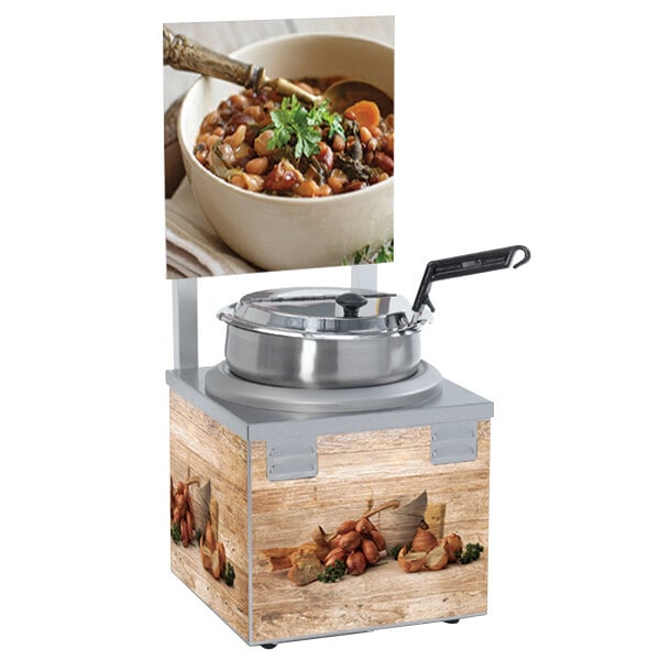 A Nemco single well soup warmer with a bowl of soup on top.