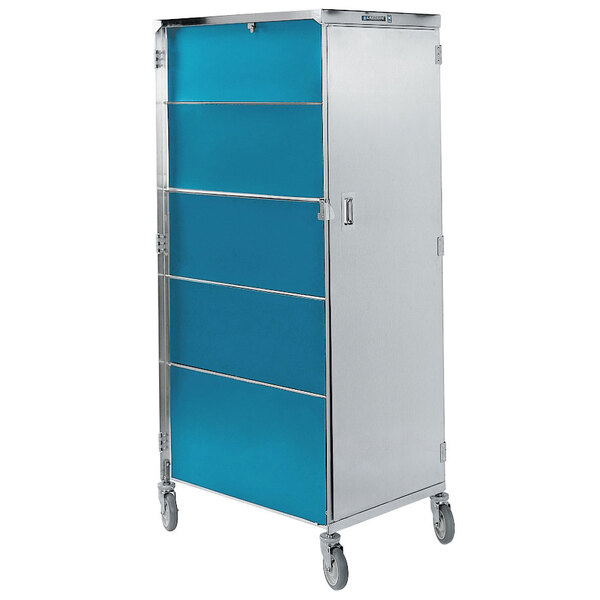 A Lakeside stainless steel and blue vinyl tray cart with a single door.