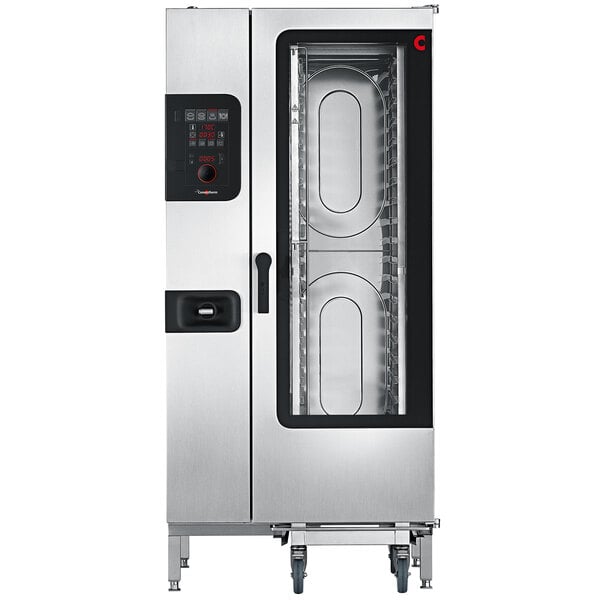A Convotherm stainless steel roll-in electric combination oven with the door open.