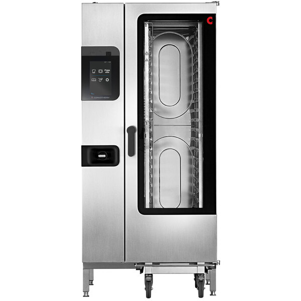 A stainless steel Convotherm roll-in combi oven with the door open.