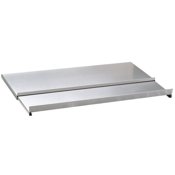 A stainless steel sliding pass-through ice bin cover by Advance Tabco.