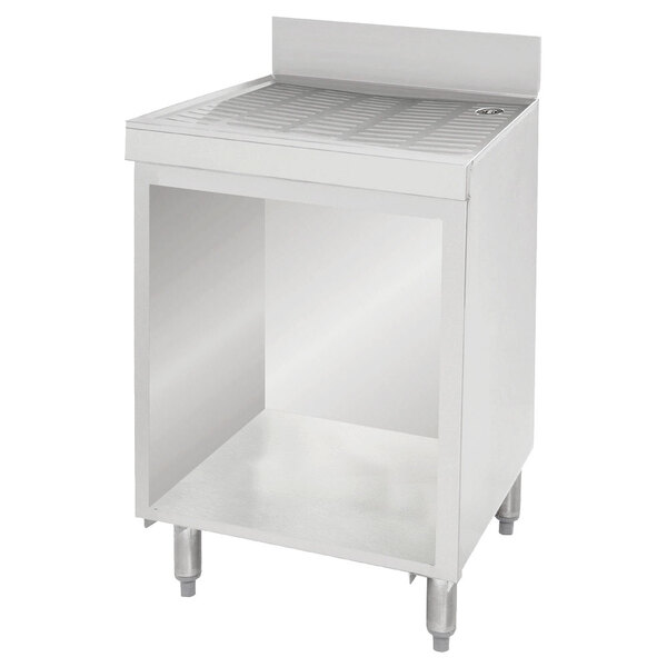 A stainless steel rectangular cabinet with a shelf on wheels.