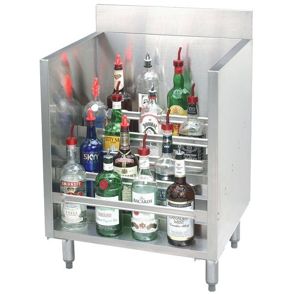 A stainless steel metal cabinet with a shelf of bottles of alcohol.