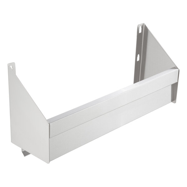 A silver metal shelf with holes on a white background.