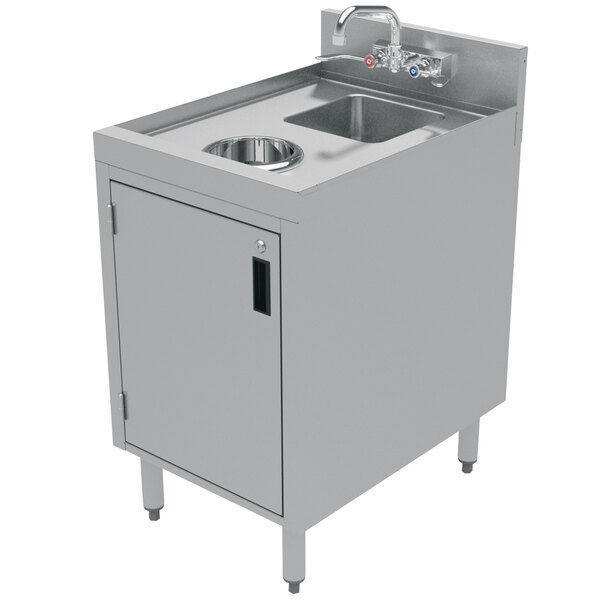An Advance Tabco stainless steel sink and cabinet with a waste chute.