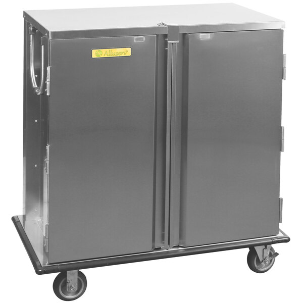 An Alluserv stainless steel meal delivery cart on wheels.