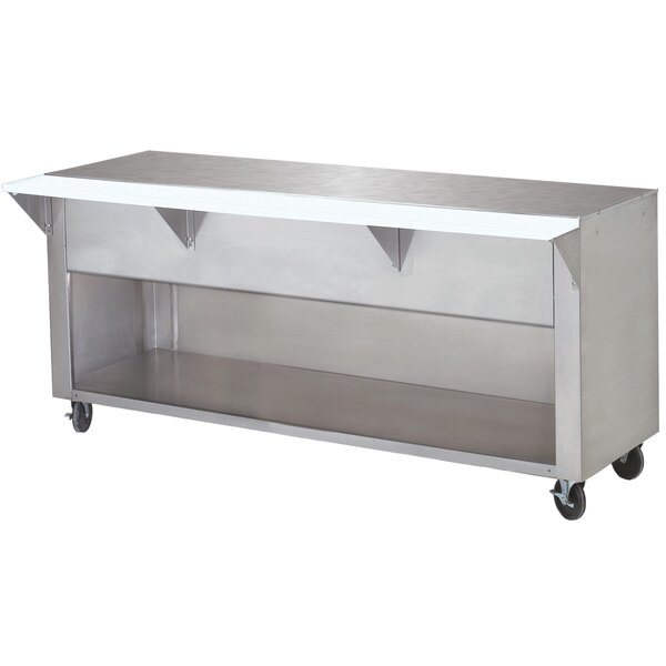 A stainless steel Advance Tabco food table with an enclosed base and two shelves.