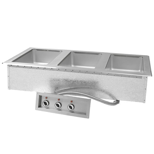 A stainless steel Advance Tabco drop-in hot food well unit with three compartments.