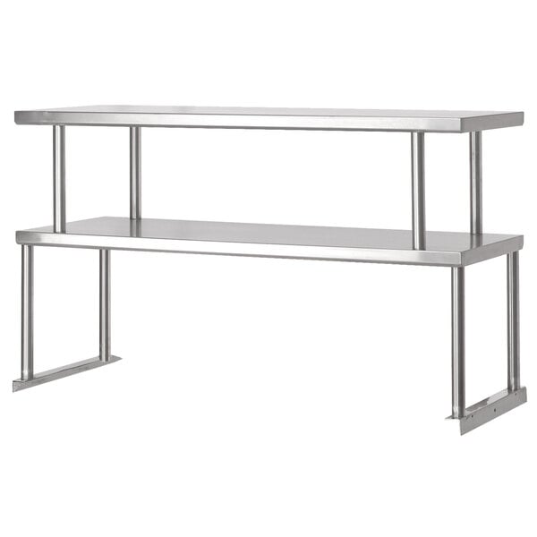 A stainless steel Advance Tabco double overshelf with two shelves on metal legs.