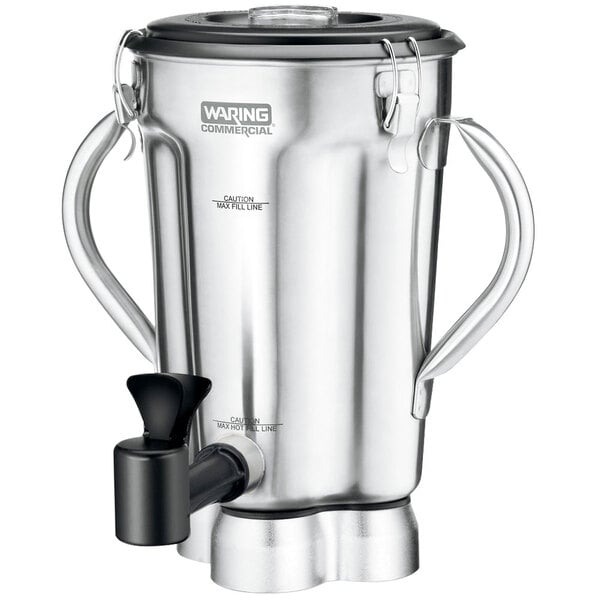 A stainless steel Waring blender container with a black and silver lid and spigot.