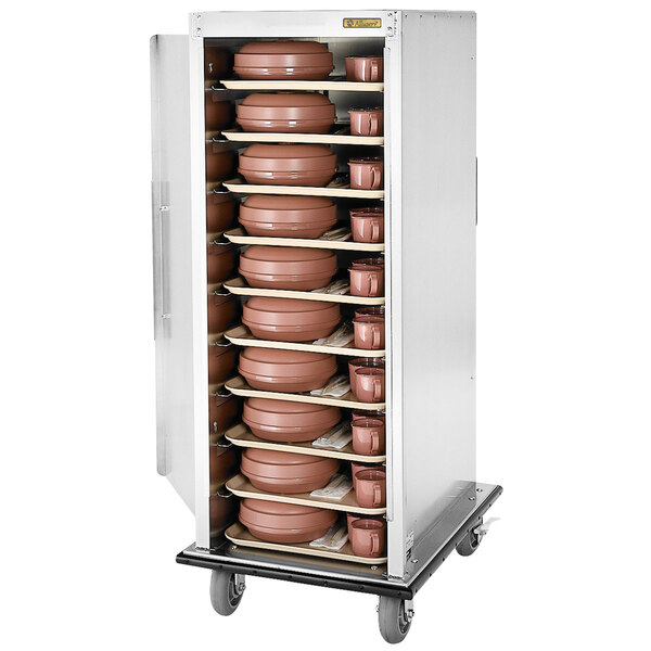An Alluserv aluminum meal delivery cart with 20 brown containers inside.