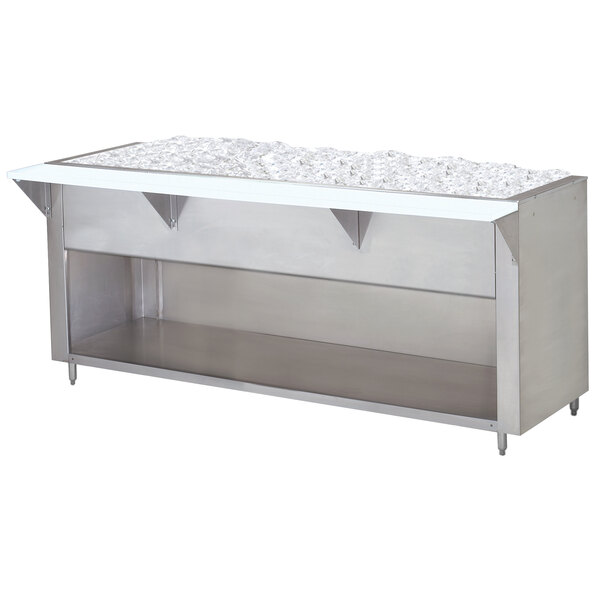 A stainless steel counter with ice on top and an enclosed base.