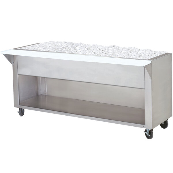 A rectangular stainless steel ice-cooled table with an enclosed base.