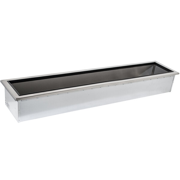 A rectangular stainless steel Advance Tabco drop-in ice cooled unit with a black lid.