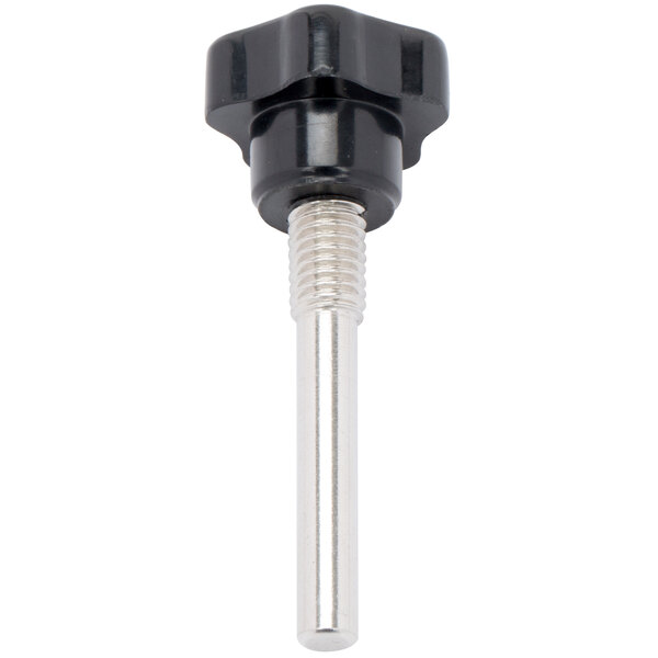A black and silver screw with a black metal tip.