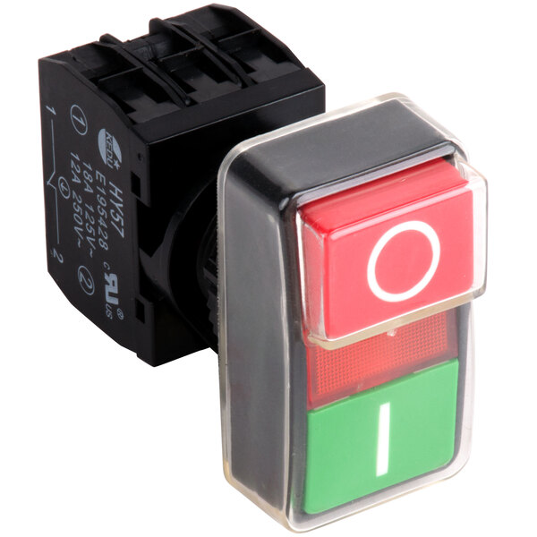 A close-up of a black and green push button switch with a plastic cover.