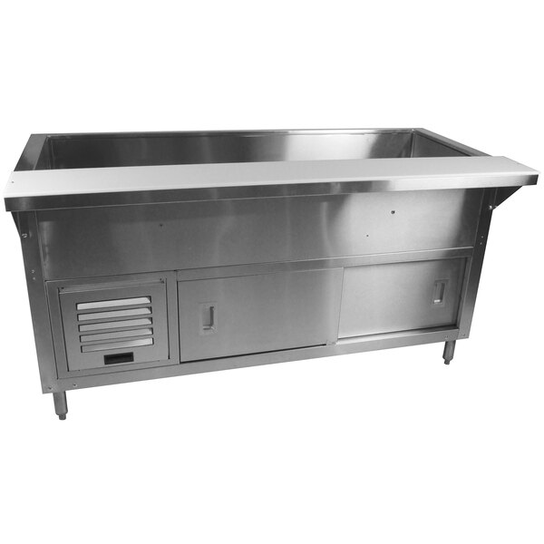 A stainless steel Advance Tabco refrigerated cold pan table with sliding doors on a counter.