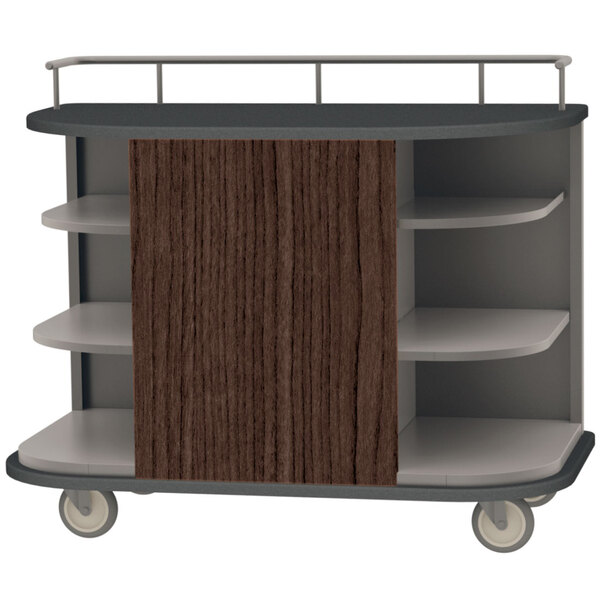 A stainless steel Lakeside self-serve hydration cart with shelves on wheels.