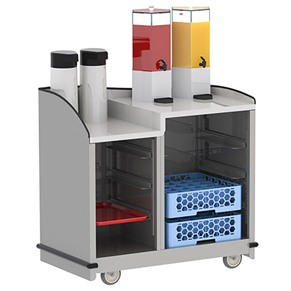 A Lakeside stainless steel full-service hydration cart with two shelves and two trays.