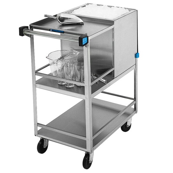 A Lakeside stainless steel ice cart with a tray and glasses on it.