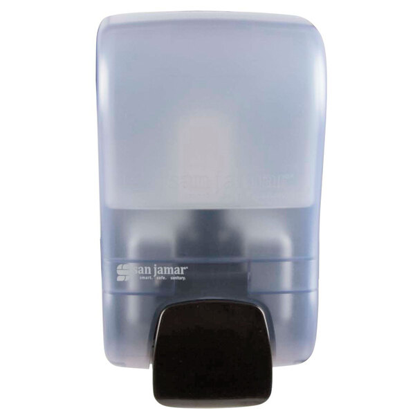 A San Jamar Rely Arctic Blue manual soap dispenser with a black lid.