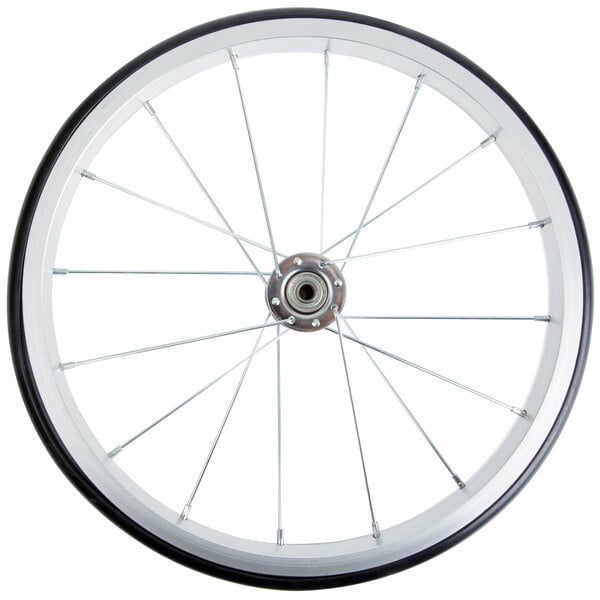 A white bicycle wheel with spokes.