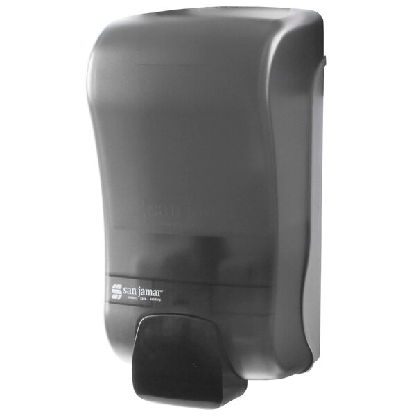 A black San Jamar manual foam soap dispenser with a black plastic cover.