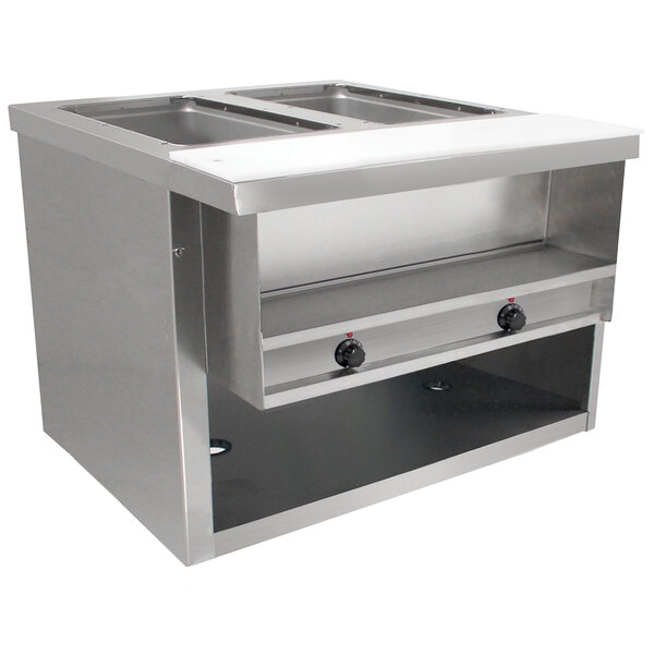 An Advance Tabco stainless steel heavy-duty table with enclosed drawers holding hot food.