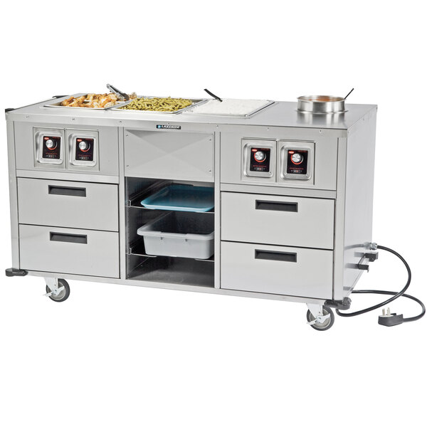 A large stainless steel Lakeside mobile food station with dry heat wells and open storage.
