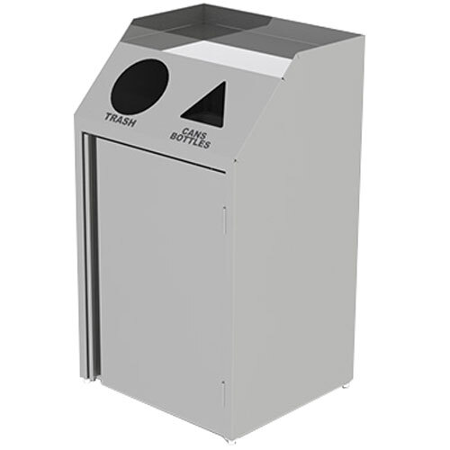 A stainless steel rectangular refuse/recycle station with a door.