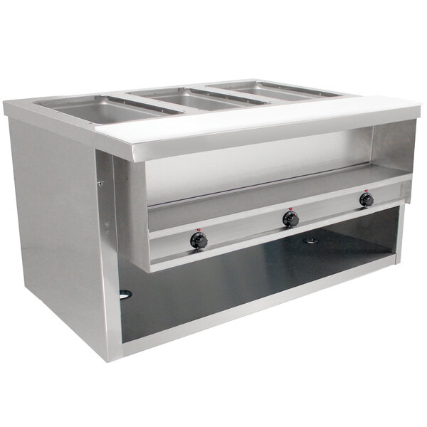 An Advance Tabco stainless steel heavy-duty electric table with enclosed drawers.