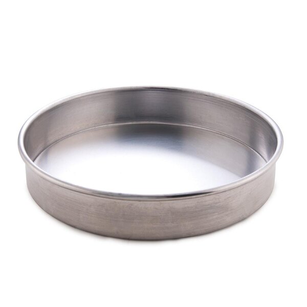 An American Metalcraft aluminum round cake pan with straight sides.