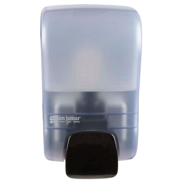 A clear plastic San Jamar foam soap dispenser with a black lid.