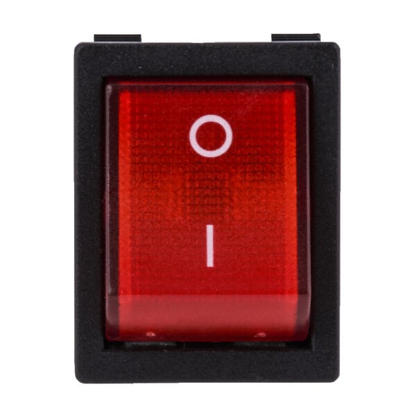 A red on/off switch with white text on a white background.
