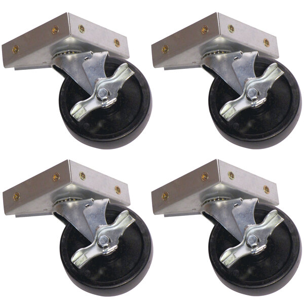 A set of four Advance Tabco metal casters with black rubber wheels.