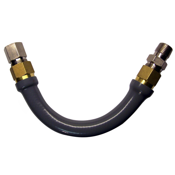 A grey Dormont water connector hose with brass fittings and a black coating.