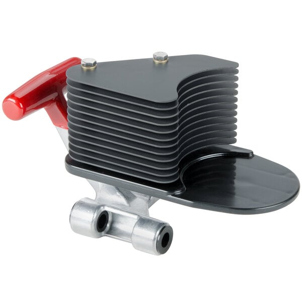 A black and red metal pusher head assembly with a red handle.