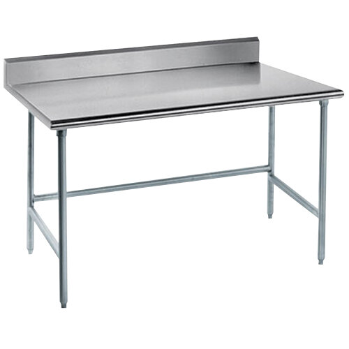 A stainless steel Advance Tabco work table with an open base and backsplash.
