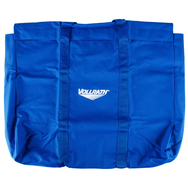 A blue nylon storage bag with white text for a Vollrath foldable mobile sneeze guard.